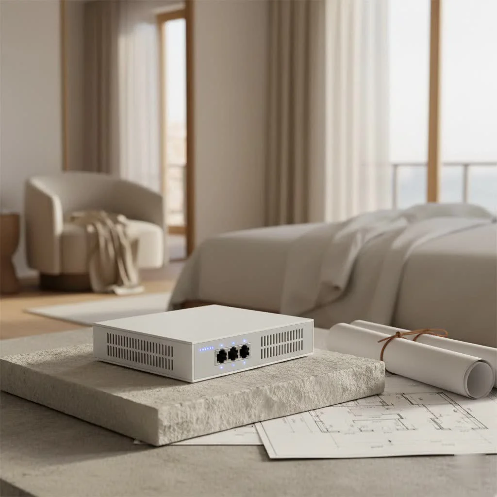 A close-up of a 10 Gigabit Ethernet switch with multiple ports