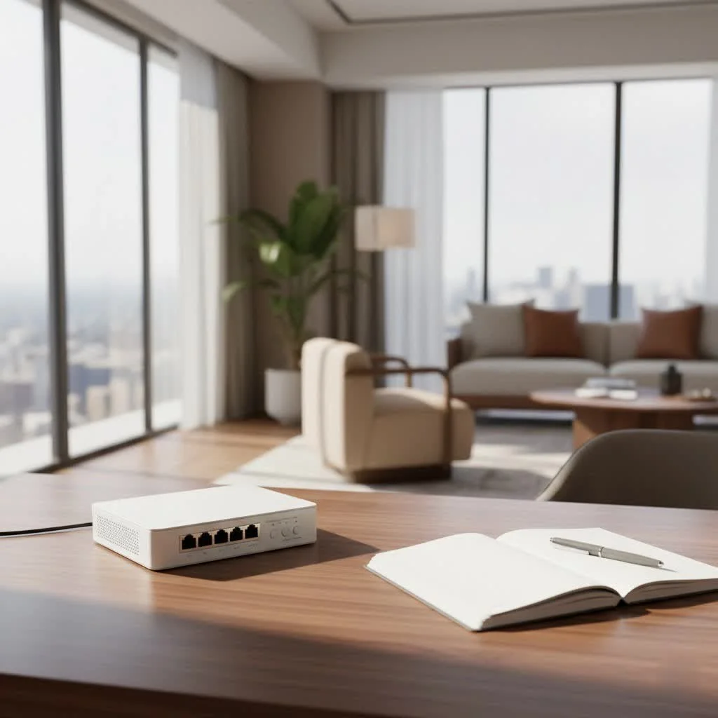 Network switch connecting various devices in an office setting