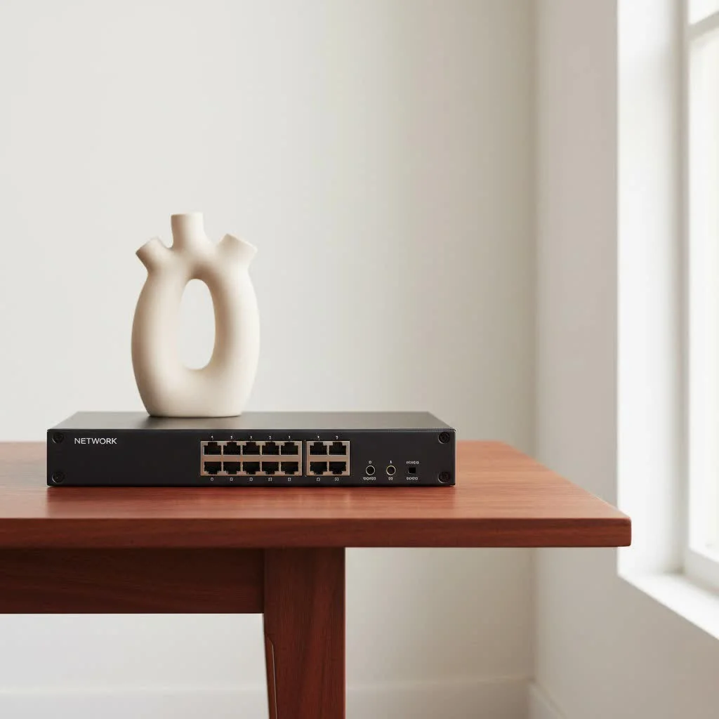 Close-up of a network switch with multiple RJ45 ports and LED indicators