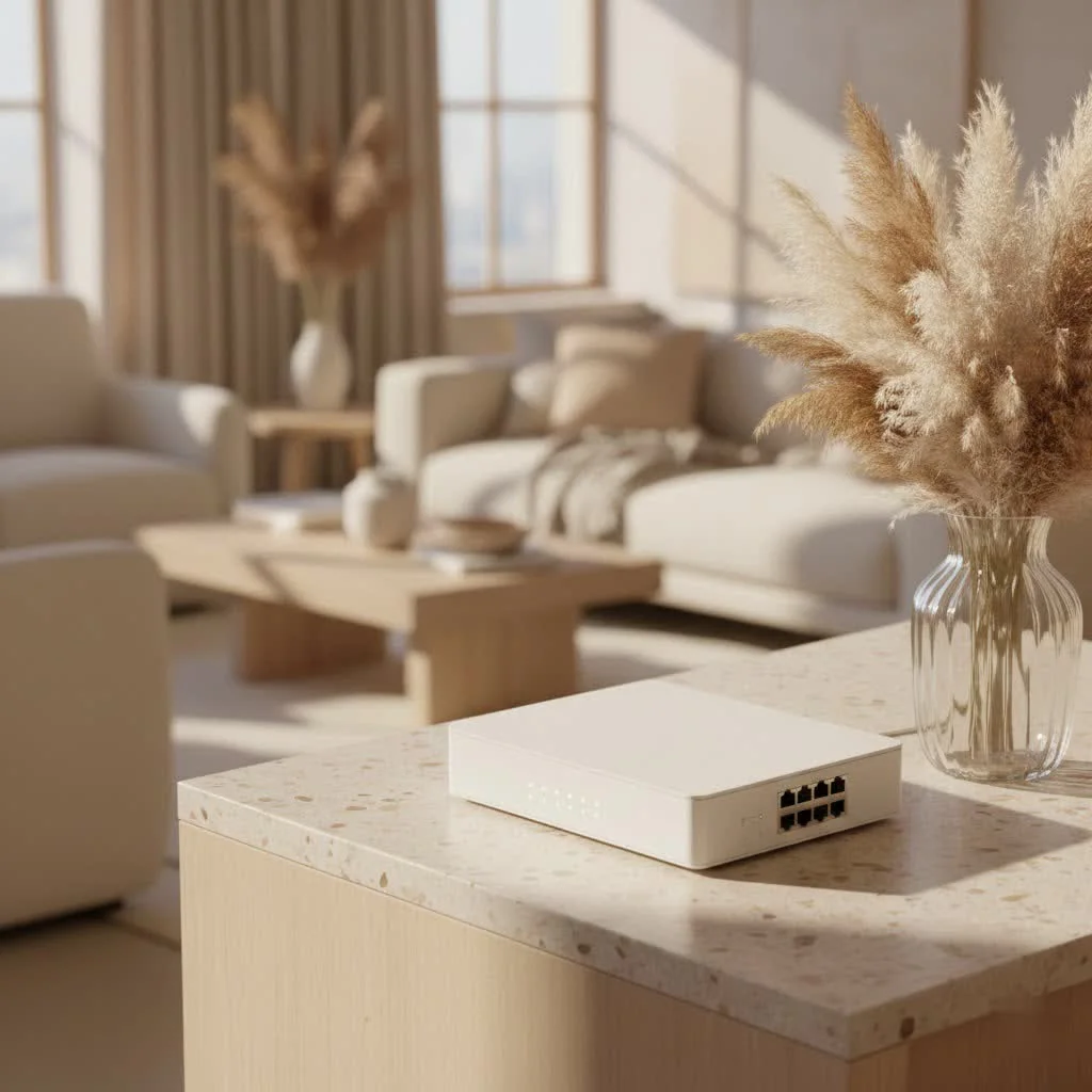 Gigabit Ethernet switch with multiple ports and indicator lights