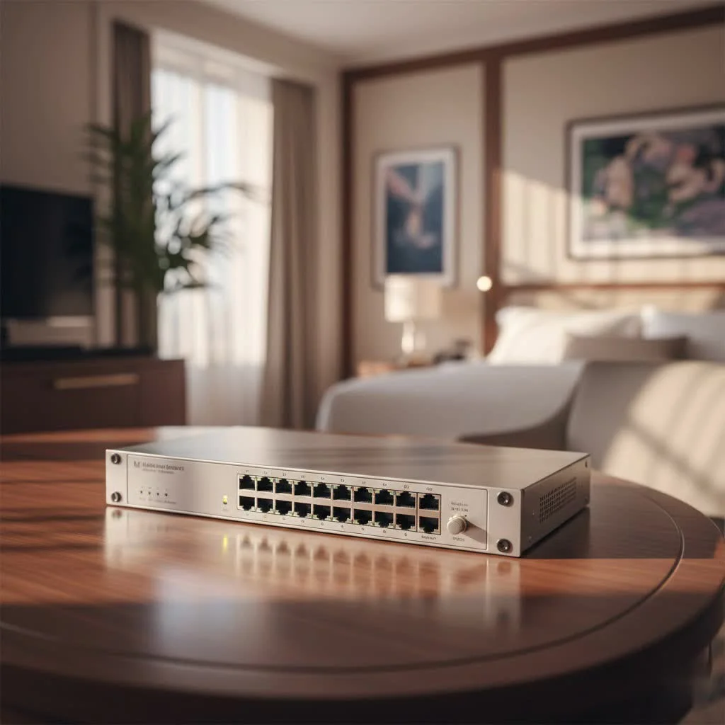 Gigabit network switch with multiple Ethernet ports and indicator lights