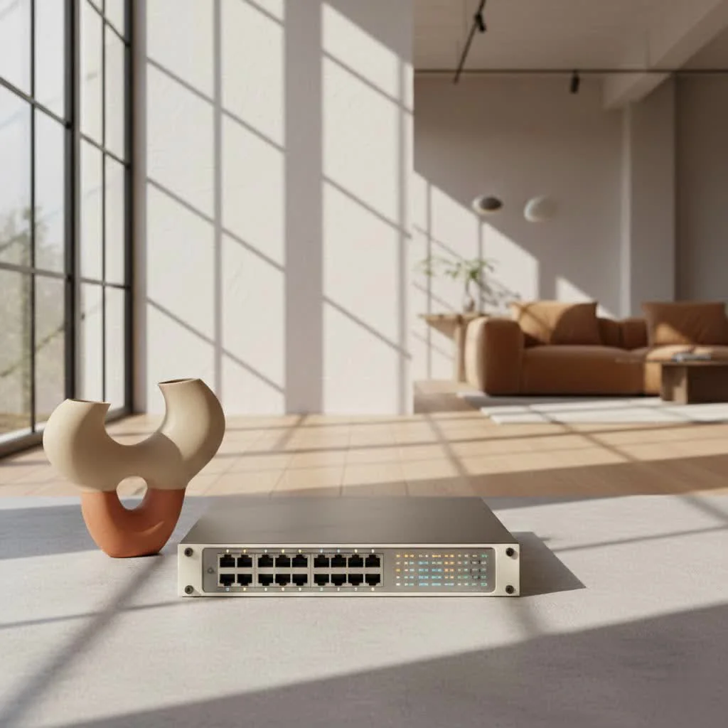 Ethernet cables connected to a PoE hub, powering various network devices