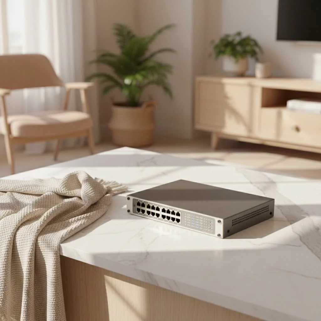 24-port network switch with multiple Ethernet cables connected