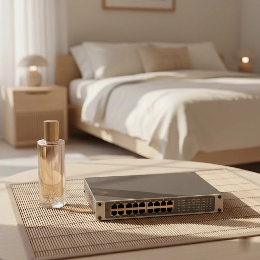 A compact 5-port LAN switch with Ethernet cables connected